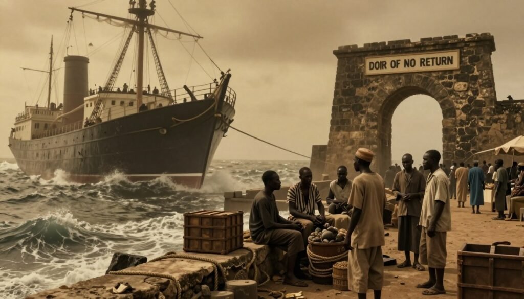 A historic scene depicting the transatlantic slave trade at the Island of Gorée in Senegal. In the foreground, a weathered stone dock with ropes and cargo crates, symbolizing the ships that once arrived. Nearby, figures in modest casual clothing, reflecting the ethnic diversity of 18th-century African traders and European merchants, engage in trade discussions while looking somber. In the middle ground, an ominous silhouette of a ship's hull looms, partially docked, surrounded by stormy waves, hinting at the emotional weight of the trade. The background features the iconic "Door of No Return," a stark stone archway leading out to the ocean, shrouded in dim, golden light, creating a haunting and reflective atmosphere. The image conveys a powerful sense of history and loss.
