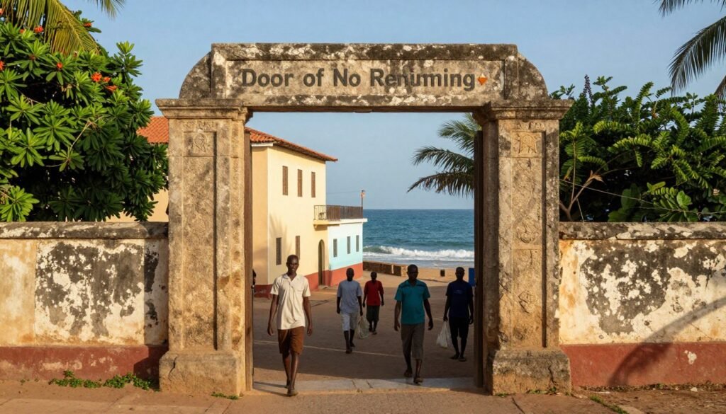 A picturesque view of the entrance to Gorée Island in Senegal, known as the "Door of No Return". In the foreground, a weathered stone archway, decorated with subtle carvings, leads towards the vibrant island gateway. People in modest casual clothing walk through, their expressions reflecting curiosity and reverence. In the middle ground, rustic pastel-colored colonial buildings can be seen, with lush greenery framing the scene. The background features the tranquil blue ocean, with gentle waves lapping against the shore, under a clear sky illuminated by warm sunlight, casting soft shadows. The atmosphere is serene yet poignant, evoking a sense of history and ancestral connection. Shot with a wide-angle lens, capturing the full depth of the scene, inviting the viewer to explore further.