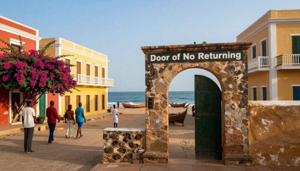 A scenic view of Gorée Island in Senegal, showcasing the historic "Door of No Return" prominently in the foreground. The door, a symbol of the transatlantic slave trade, is framed by weathered stone archways. Surrounding it are vibrant, charming colonial buildings painted in warm hues, with bougainvillea plants adding a burst of color. In the middle ground, visitors dressed in modest casual clothing explore the island, observing the architecture and engaging with local guides. In the background, a clear blue sky complements the Atlantic Ocean's glistening waters, while traditional wooden boats gently sway at the shore. The lighting is warm and inviting, evoking a peaceful, contemplative mood that encourages reflection on the island's rich history and culture.