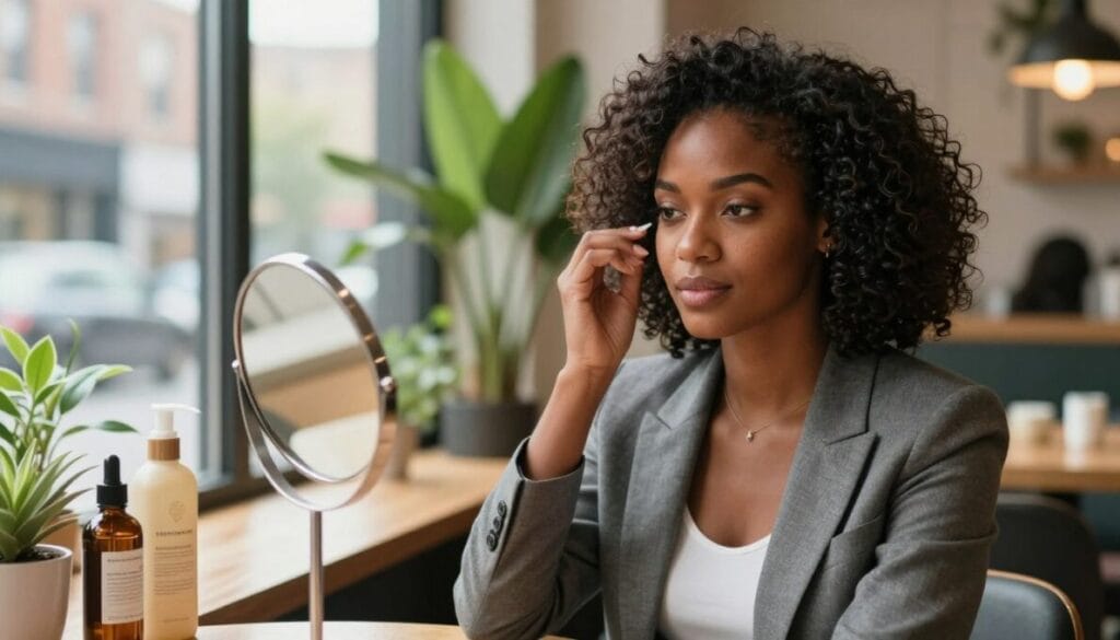 A close-up of a confident Black woman in professional business attire, sitting in a beautifully lit urban café, showcasing her natural hair styled elegantly. In the foreground, a small mirror reflects her face, emphasizing her self-care routine. The middle ground features hair care products like oils and creams arranged neatly on a wooden table, symbolizing self-love and empowerment. The background includes vibrant plants and soft afternoon sunlight filtering through large windows, creating a warm and inviting atmosphere. The mood is empowering and reflective, illustrating the journey of embracing natural beauty and self-image as acts of resistance against societal standards. The composition captures the essence of beauty, identity, and professionalism in a contemporary setting.