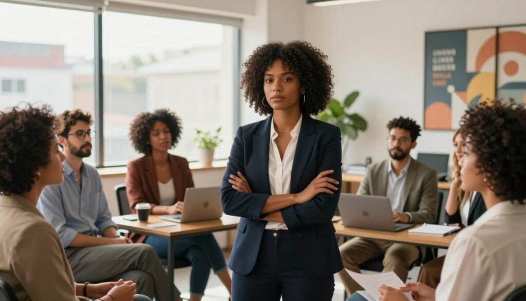 A striking scene in a modern Brazilian office environment showcasing diverse professionals engaged in a discussion about workplace aesthetics. In the foreground, a confident Black woman with beautiful natural hair stands prominently, dressed in smart business attire, embodying strength and pride. Surrounding her are colleagues of various ethnic backgrounds, each with distinct hairstyles reflecting their cultural roots, wearing professional clothing that emphasizes individuality. In the middle ground, a large window allows warm, natural light to flood the space, creating a welcoming atmosphere. In the background, motivational art and greenery enhance the sense of a progressive workplace. The overall mood is one of empowerment and resistance, capturing the beauty of diversity in the Brazilian job market.