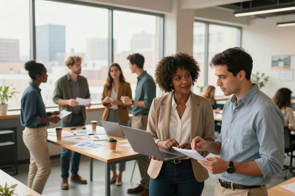 A vibrant and engaging scene depicting a diverse group of entrepreneurs standing in a modern co-working space. In the foreground, a Black woman in professional attire collaborates with a Hispanic man, both discussing strategies while using a laptop and notes. In the middle ground, a small group of entrepreneurs shares ideas at a table, with charts and coffee cups scattered around. The background features large windows showing a city skyline, allowing warm, natural light to flood the space, creating a bright and inviting atmosphere. The mood is one of collaboration and empowerment, showcasing a sense of community and support among diverse business owners. Capture this dynamic environment with a balanced composition and a slightly elevated angle for a lively perspective.