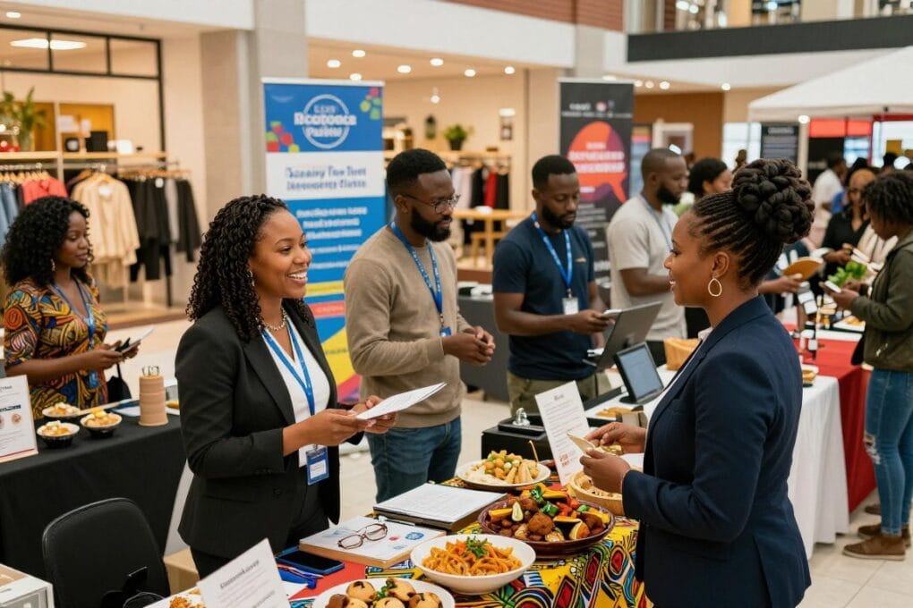 A vibrant marketplace scene featuring successful Black entrepreneurs showcasing their various businesses. In the foreground, a cheerful woman in professional business attire is interacting with customers at a colorful food stall offering traditional dishes. The middle ground depicts a group of men and women discussing innovative products at a technology booth, with bright banners highlighting their services. In the background, a mixed-use commercial space is bustling with activity, showcasing other ventures such as a chic clothing store and a lively café. The atmosphere is uplifting and energetic, with warm lighting casting a welcoming glow over the scene. The angle is slightly elevated, capturing the diversity and collaboration among the entrepreneurs while emphasizing their impact on the community.