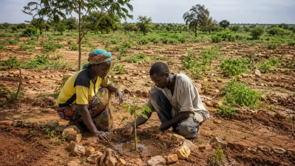 Grande Muralha Verde pode conter o deserto na África? 2 Agricultores observam muda nativa cercada por pedras para reter água em solo seco do Sahel
