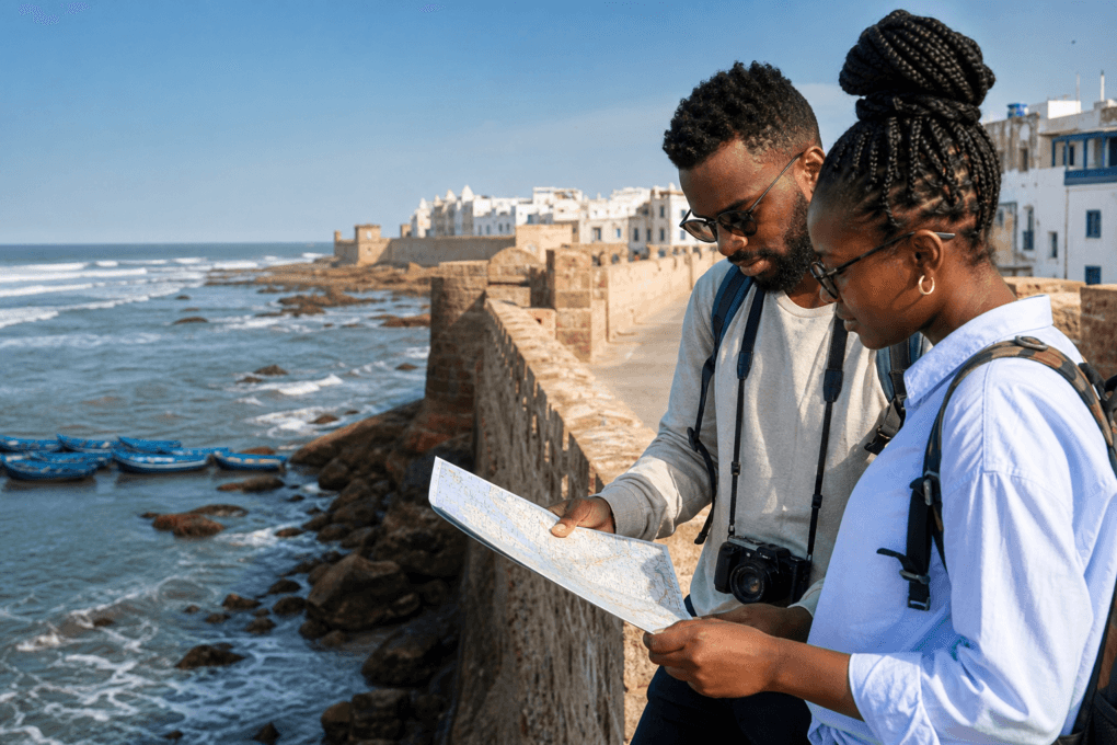 Viajantes negros em Essaouira, Marrocos