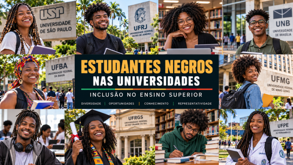 As barreiras enfrentadas por estudantes negros nas universidades brasileiras 1 Montagem de estudantes negros brasileiros em ambientes universitários, com livros, mochilas e referências a universidades públicas, representando diversidade e inclusão no ensino superior.