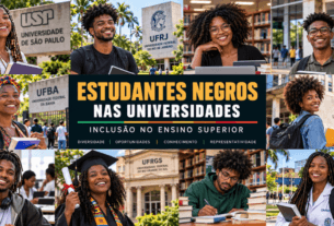 Montagem de estudantes negros brasileiros em ambientes universitários, com livros, mochilas e referências a universidades públicas, representando diversidade e inclusão no ensino superior.