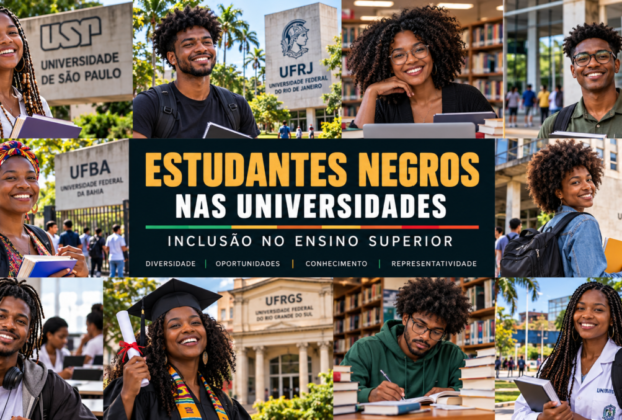 Montagem de estudantes negros brasileiros em ambientes universitários, com livros, mochilas e referências a universidades públicas, representando diversidade e inclusão no ensino superior.