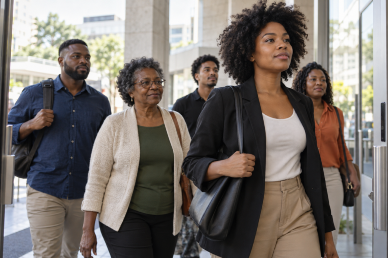 Eleições 2026: participação negra, regras e voto consciente 10 Grupo de adultos negros caminhando em direção a um prédio público