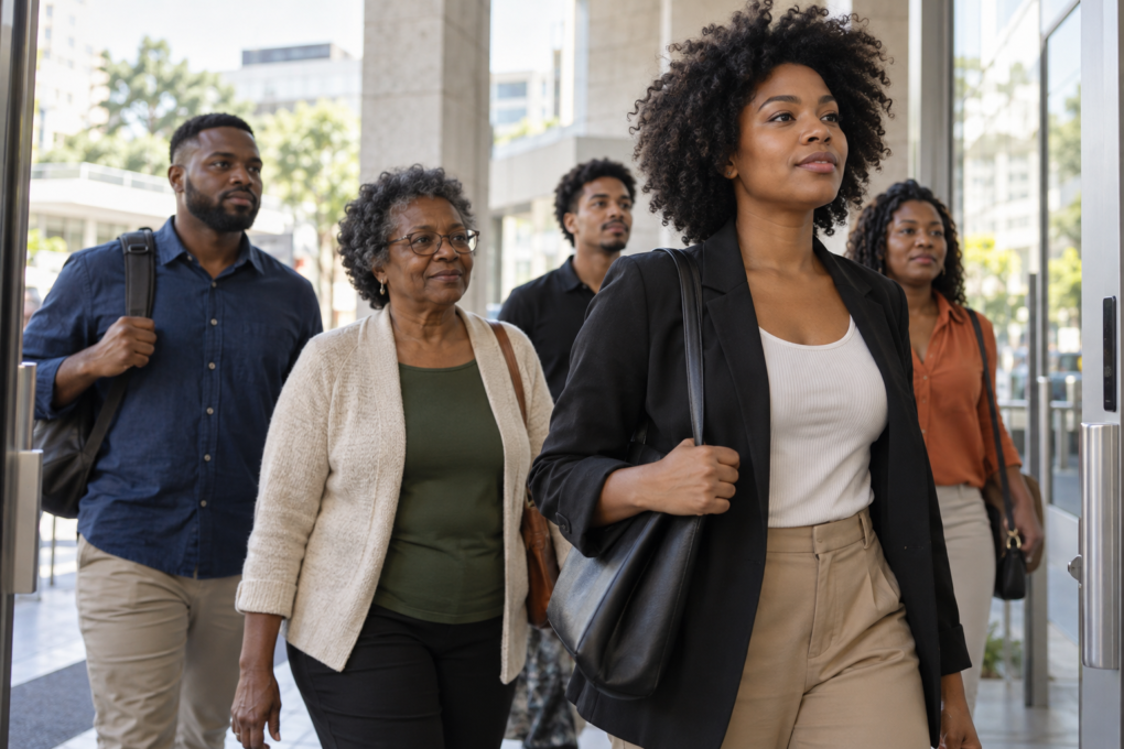 Eleições 2026: participação negra, regras e voto consciente 2 Grupo de adultos negros caminhando em direção a um prédio público