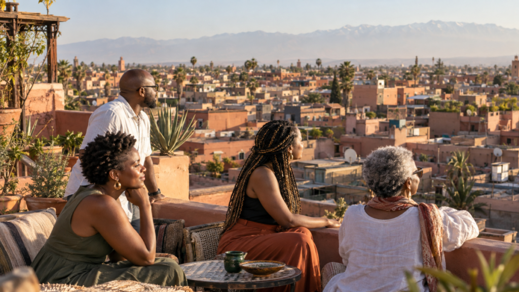 Turismo no Marrocos: viajantes negros em terraço com paisagem inspirada em Marrakech